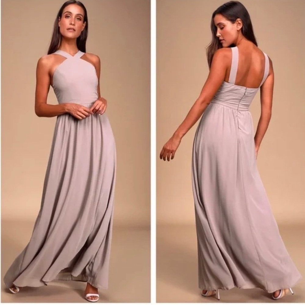 Lulus Air of Romance Bridesmaid Taupe Halter Long Maxi dress gown size small